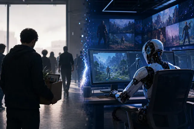 Editorial illustration about Epic Games layoffs and AI replacement speculation