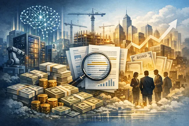 Digital abstract of a data center circuit board with soaring bond market charts and dollar signs, representing AI infrastructure debt financing