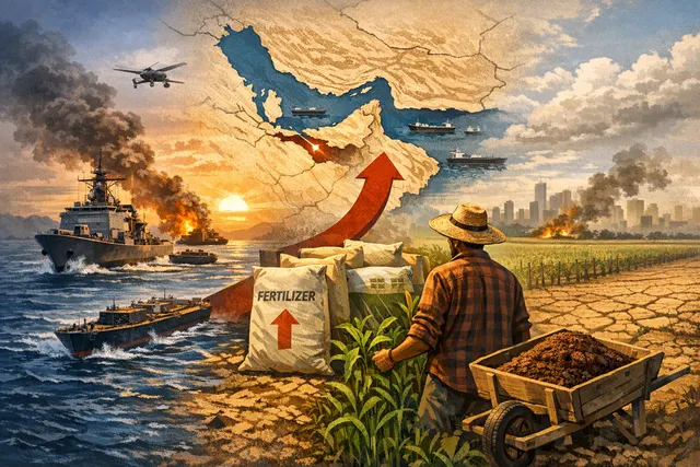 Global food security crisis visualization showing a divided agricultural landscape with a container ship blocked at a narrow strait, symbolizing the Strait of Hormuz disruption's i