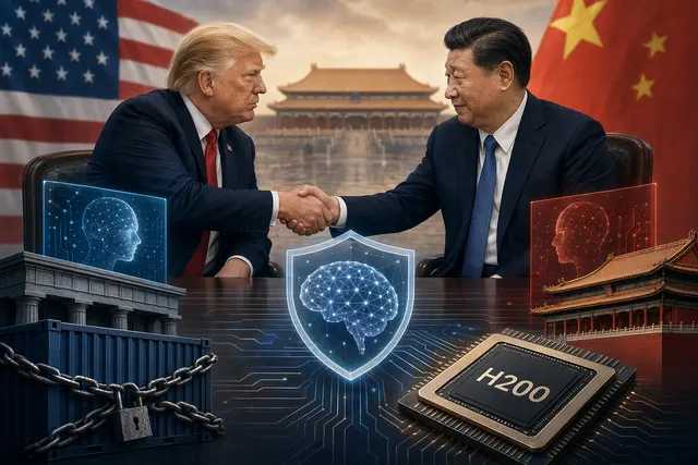 Illustration representing US–China talks on AI safety and Nvidia H200 chip exports