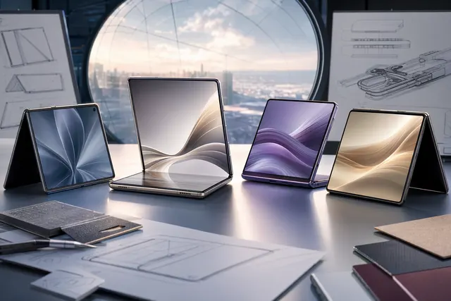 AI-generated illustration of wide-screen foldable smartphones competing in the Huawei Pura X Max form-factor race