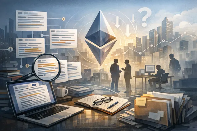 Abstract visualization of the Ethereum Foundation's 2026 restructuring, showing a shrinking central hub with satellite nodes representing a decentralized ecosystem.