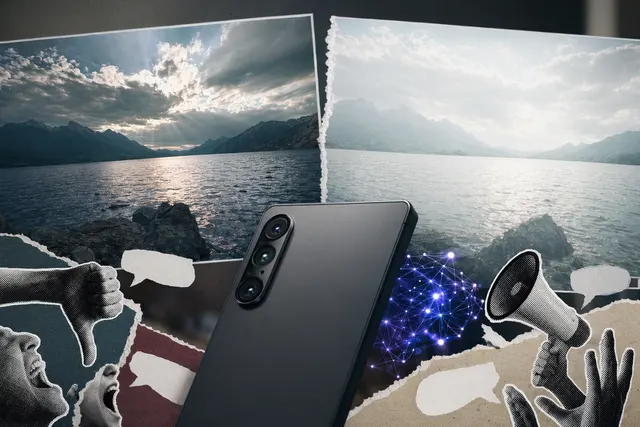 Illustration of smartphone camera AI comparing before and after photos