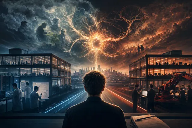 Editorial illustration of the debate over AI safety and superintelligence