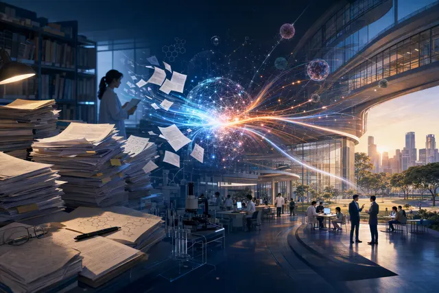 Editorial illustration representing AI-assisted patent analysis and university research commercialisation