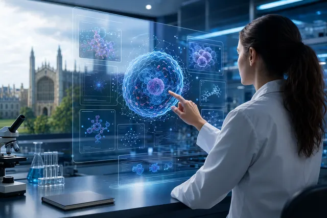 Concept illustration of an AI-driven platform analyzing biological cell data and laboratory experiments