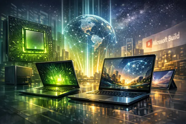 Conceptual illustration of an Nvidia N1X Arm chip powering a Windows on Arm laptop