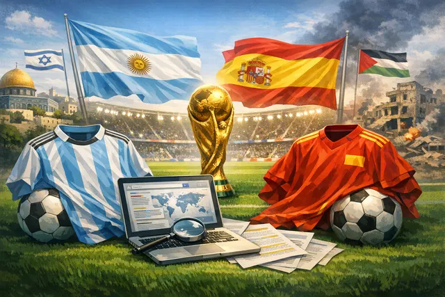 A stylized image of a football representing the 2026 World Cup final between Argentina and Spain, with political symbols of Israel and Palestine in the background, illustrating the