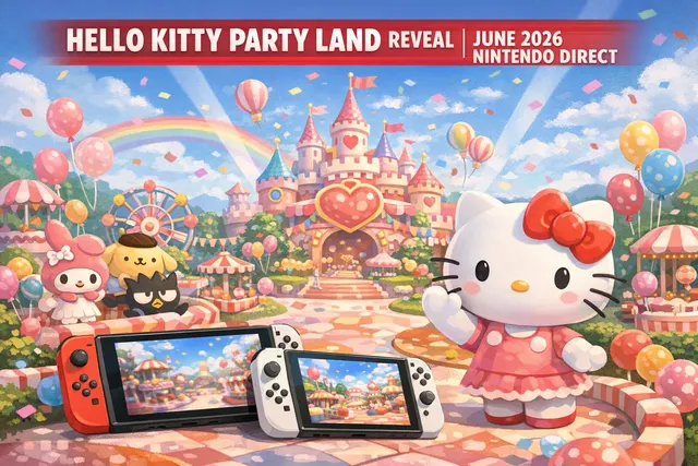 Hello Kitty Party Land key art featuring Hello Kitty and friends in a colorful game park