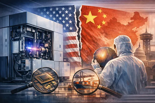 An abstract digital illustration of a semiconductor wafer and circuitry patterns, representing advanced chip manufacturing technology and export controls.