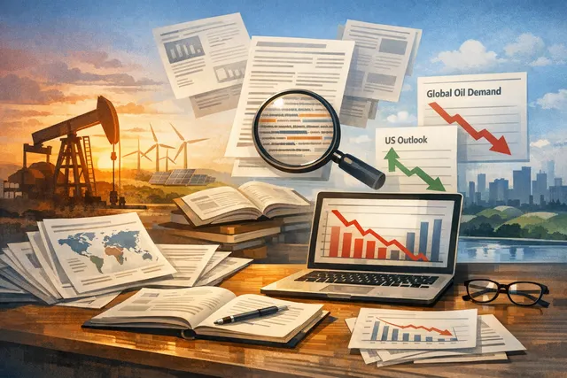 An oil tanker at sea with a depiction of a closed strait and a downward-trending demand chart, illustrating the IEA's 2026 forecast of a 1.1 mb/d decline in global oil demand.