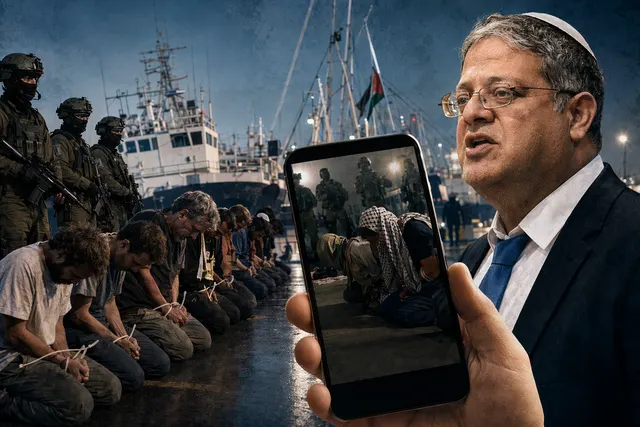 Illustration of detained Gaza flotilla activists kneeling with hands bound at Ashdod port during the controversy over Ben‑Gvir’s video