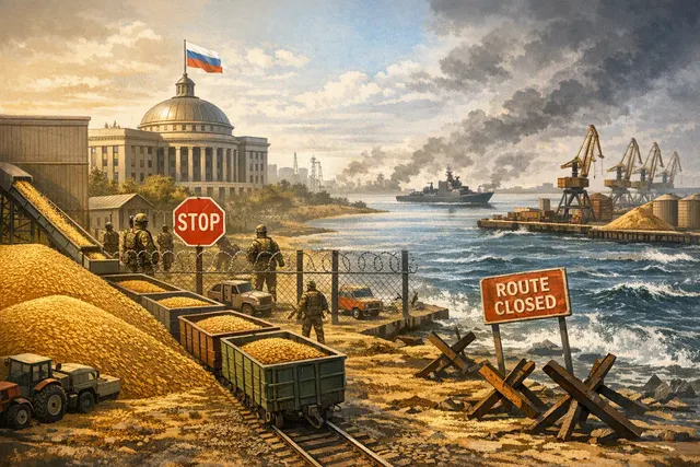 Editorial illustration of grain silos, cargo ships and disrupted Black Sea export routes