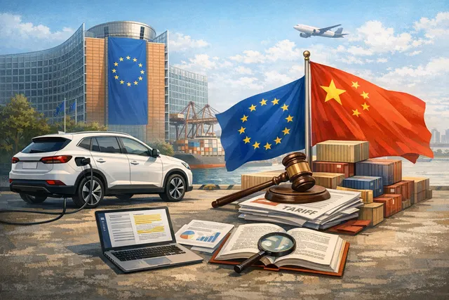 A conceptual illustration of the European Union and Chinese flags with trade arrows and a car icon representing plug-in hybrid vehicles, symbolizing the EU-China trade dispute over