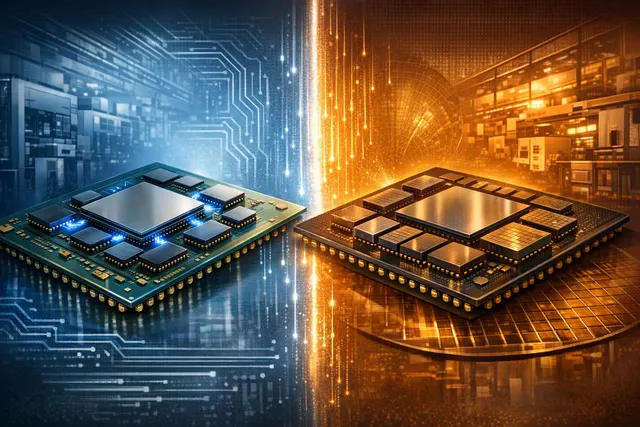 Illustration comparing Intel EMIB-T silicon bridges with TSMC CoWoS packaging for large AI chips and HBM stacks