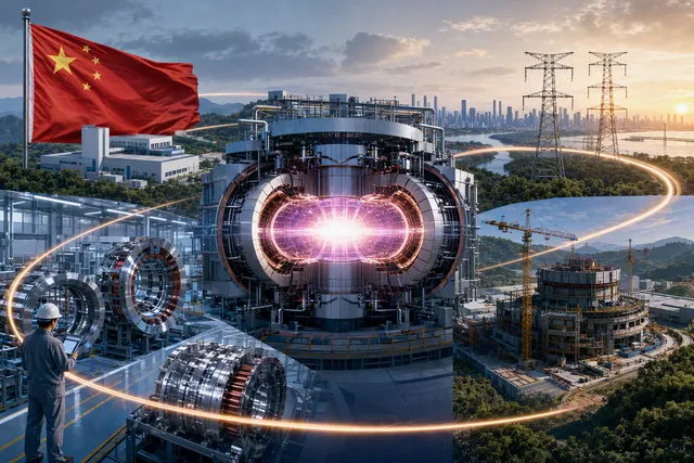 Illustration of China’s fusion-energy development centered on a superconducting tokamak reactor