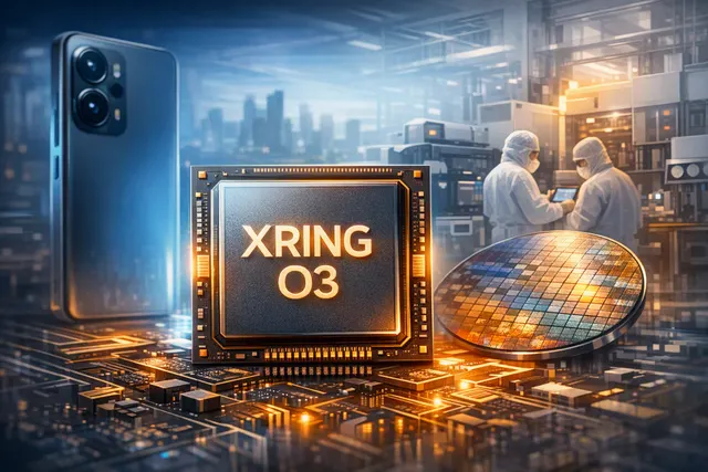 Editorial illustration of Xiaomi’s Xring O3 smartphone processor and a flagship foldable phone beside TSMC semiconductor manufacturing imagery