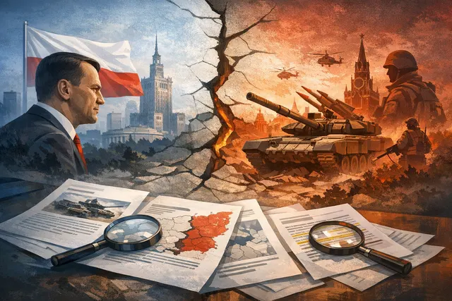 Polish Foreign Minister Radosław Sikorski speaking at a press conference, with a backdrop of flags including Poland and the European Union.