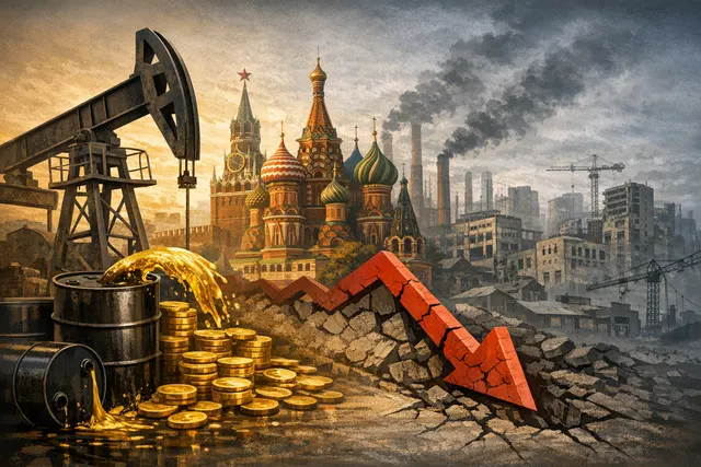 An editorial image illustrating the disconnect between Russia's oil wealth and its stalled economic growth, with symbols of energy exports failing to power a constrained industrial