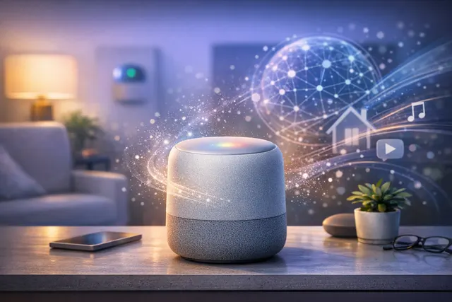 Google Gemini-powered Home Speaker in fabric-covered orb design against a colorful background
