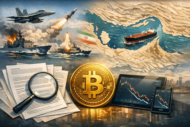 Illustration of Bitcoin symbols and an oil tanker near the Strait of Hormuz, representing the intersection of geopolitical conflict and cryptocurrency markets.