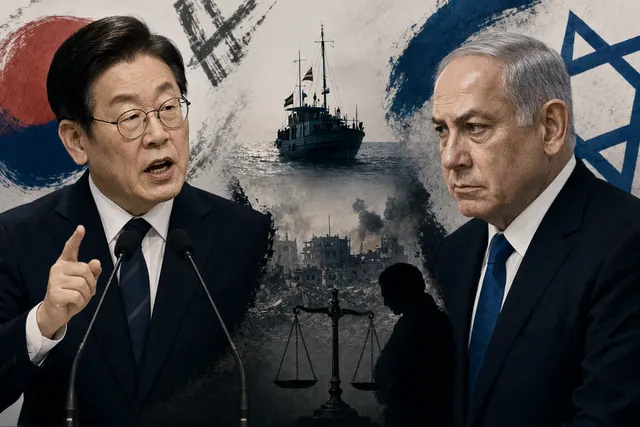 Editorial illustration showing tensions between South Korea and Israel after Gaza aid flotilla interception