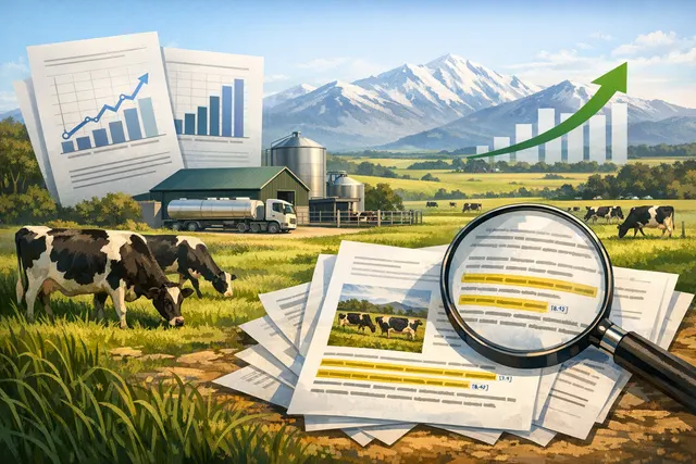 A scenic view of a New Zealand dairy farm with cows grazing in a green pasture, representing the record milk production season.