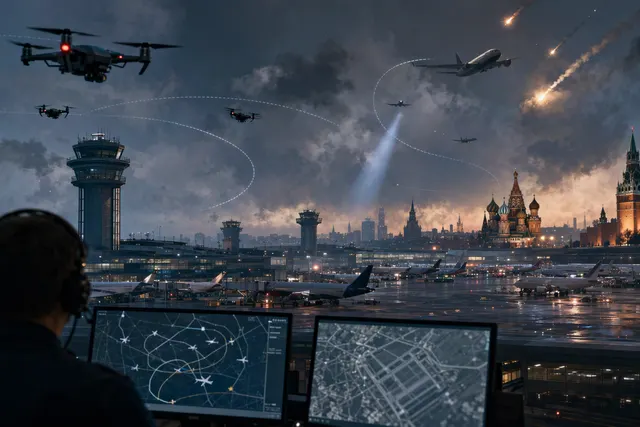 AI-generated editorial illustration for a report on flight restrictions at Moscow airports