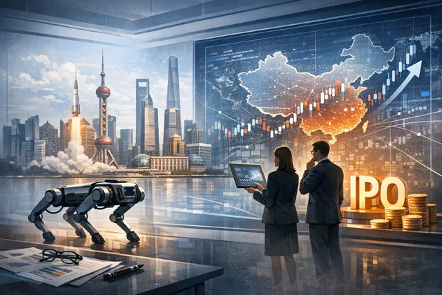 Conceptual image representing Unitree Robotics' IPO on the Shanghai STAR Market and the FCC ban on Chinese humanoid robot imports, with a stylized humanoid robot against a financia