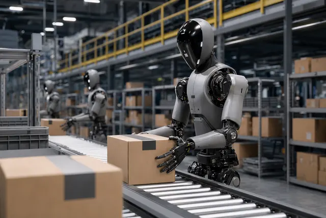 Humanoid warehouse robots sorting packages on a conveyor line during an endurance livestream test
