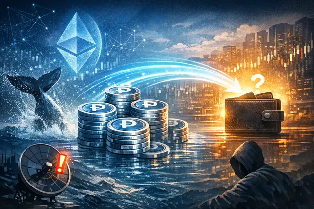 Abstract visualization of a large PYUSD stablecoin transfer leaving the Ethena protocol for an unknown destination