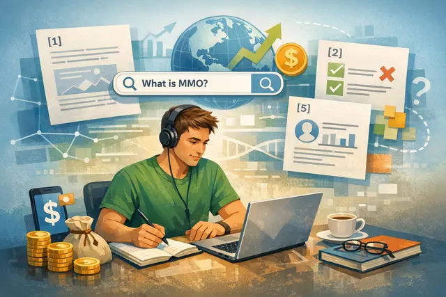 A conceptual digital workspace showing online earning tools: smartphone, laptop, social media icons, and a growing graph symbolizing MMO income in 2026.