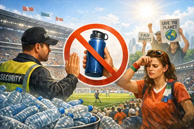 A silhouette of a soccer fan in a stadium holding an empty water bottle with a prohibition sign over it, symbolizing FIFA's ban on reusable water bottles at the 2026 World Cup.