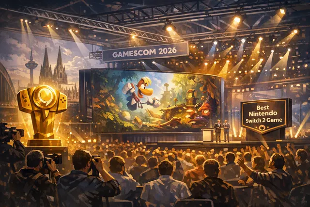 Editorial illustration of Rayman Legends Retold winning the Best Nintendo Switch 2 Game award at Gamescom 2026