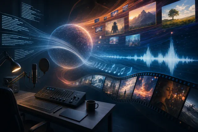 Editorial illustration of multimodal AI video generation and editing