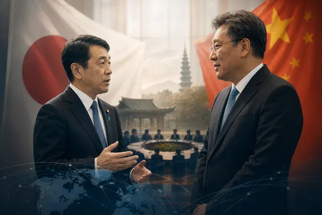 Illustration representing diplomatic interaction between Japan and China during an APEC meeting