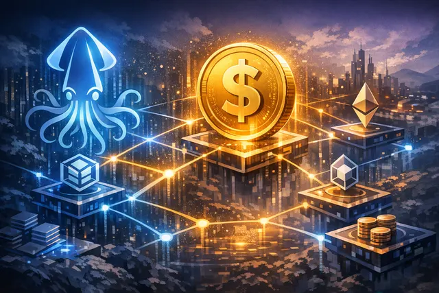 Ripple RLUSD stablecoin and Squid cross-chain integration illustrated across a multi-chain network of interconnected blockchains.