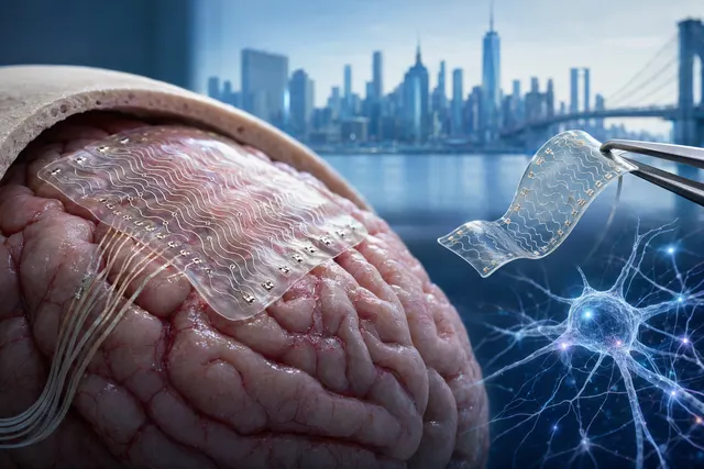 Illustration of a soft stretchable brain‑computer interface placed on the surface of the human cortex