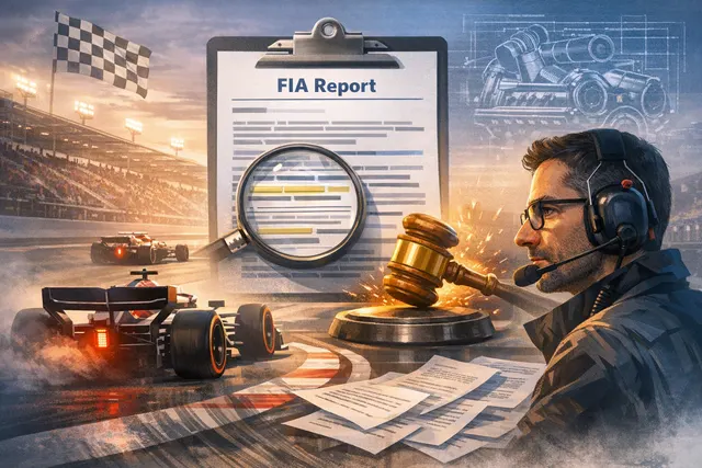 F1 2026 Red Bull and FIA ADUO engine ruling concept illustration with championship trophy and technical blueprint background