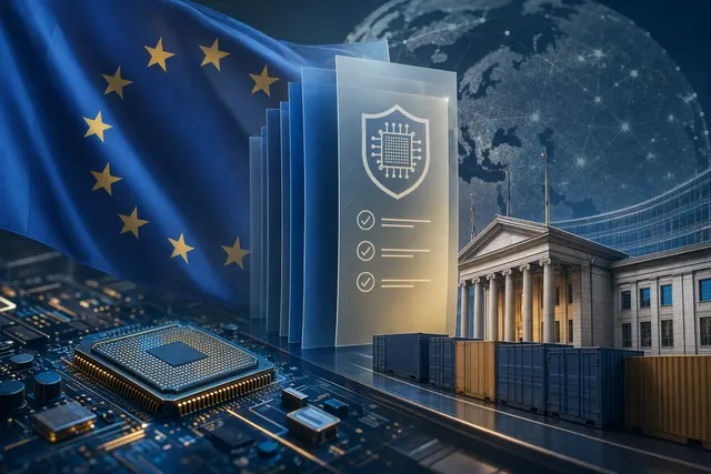 Editorial illustration of European Union export controls and semiconductor supply chains