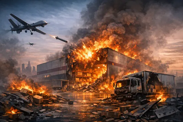 Drone strike targeting a warehouse facility in Russia, symbolizing Ukraine's long-range drone campaign against Wildberries logistics infrastructure