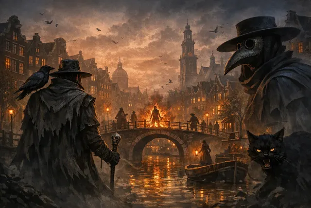 Dark editorial illustration of 1666: Amsterdam’s supernatural version of 17th-century Amsterdam, featuring a witch and a cat companion