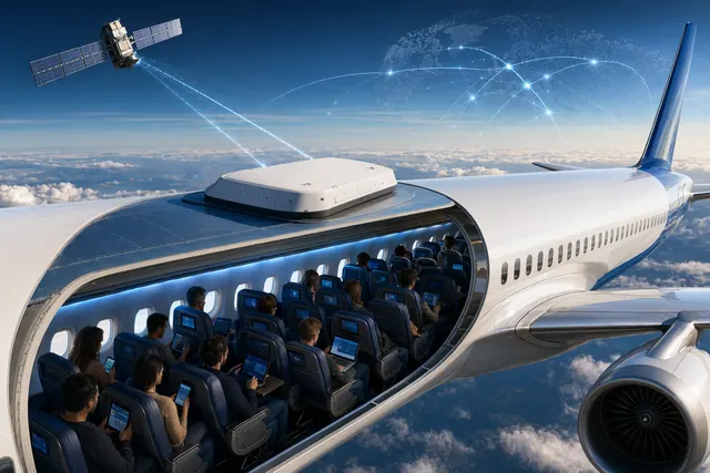 Illustration of a commercial aircraft equipped with a satellite antenna for in‑flight Wi‑Fi connectivity
