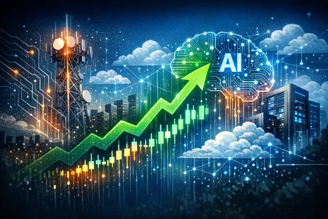 A conceptual AI-generated editorial image showing a stock chart rising sharply with AI circuitry patterns and the Nokia and Nvidia logos, representing Nokia's AI-driven stock rally