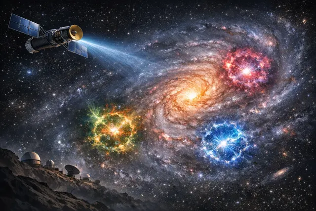 Illustration of the spiral galaxy Messier 83 glowing with X-ray variability marked by flickering supernova remnants observed by NASA's Chandra Observatory.