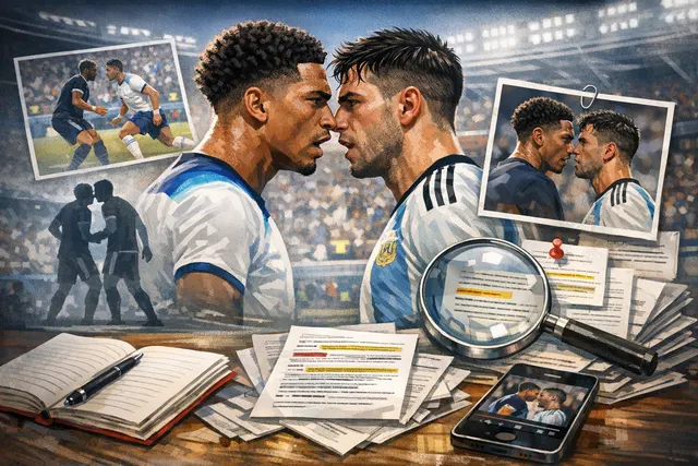 Jude Bellingham and Valentín Barco in a tense confrontation after England's 2-1 defeat to Argentina in the 2026 World Cup semifinal in Atlanta