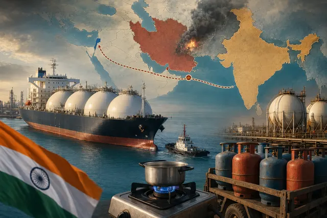 Illustration of global oil and LPG supply chain disruption affecting gasoline prices from the Middle East to California