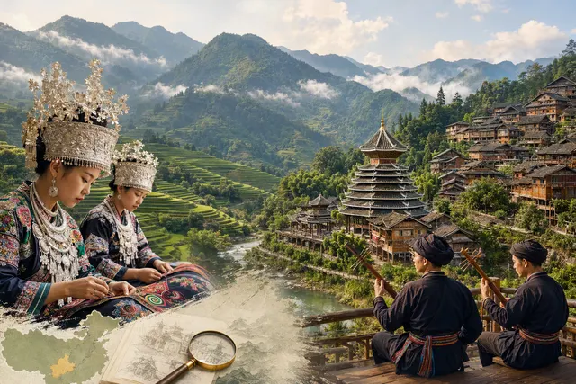 AI-generated illustration for an article about visiting Miao and Dong communities in Guizhou, China