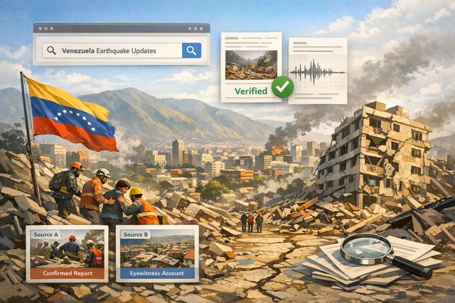 Editorial illustration of the aftermath of the twin earthquakes in Venezuela, showing collapsed buildings and rescue operations in Caracas