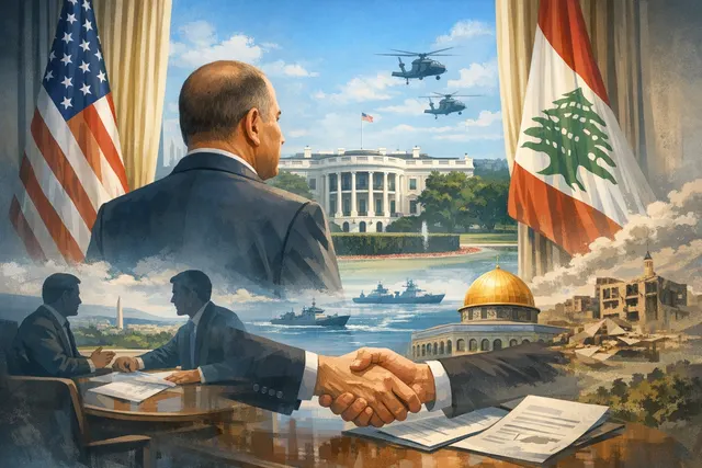 AI-generated image depicting a meeting between a US president and a Middle Eastern leader, representing the high-stakes White House summit between Presidents Trump and Aoun.